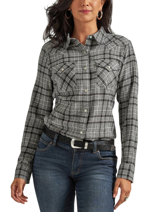 WRANGLER WOMAN'S LONG SLEEVE PLAID FLANNEL GRAY 112339574 Shirts & Tops Wrangler