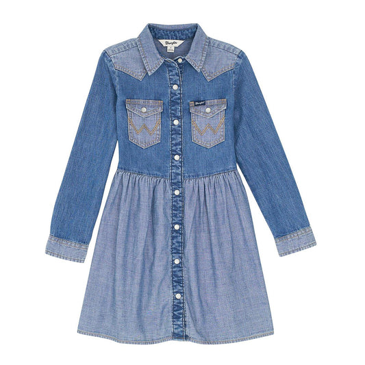 Wrangler Girls Western Snap Dress - Mid Denim 112367396 Dress Wrangler