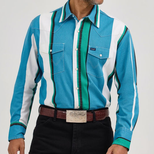 Wrangler® Vintage Inspired Long Sleeve Shirt - Classic Fit - Blue Multi Stripe 112368191 Shirts & Tops Wrangler