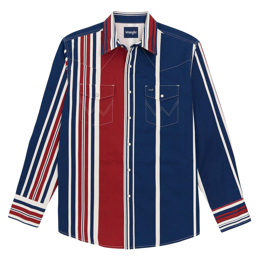 Wrangler® Vintage Inspired Long Sleeve Shirt Blue Multi Stripe | 112375916 Shirt Long Sleeve Men's Shirt Snap Shirt Wrangler Wrangler