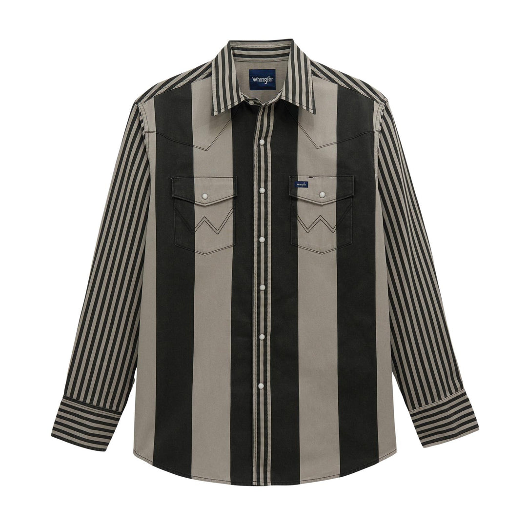 Wrangler® Vintage Inspired Brushpopper Long Sleeve Shirt - Classic Fit - Black/Grey - 112381996 Shirt Long Sleeve Men's Shirt Snap Shirt Wrangler Wrangler
