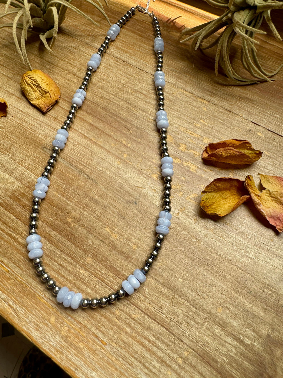 Blue Lace Agate & Sterling Silver Pearl Necklace – 20 ½” Plus Extender Necklaces Shopify Collective The Bijoux FAB Jewelry The Bijoux FAB Jewelry
