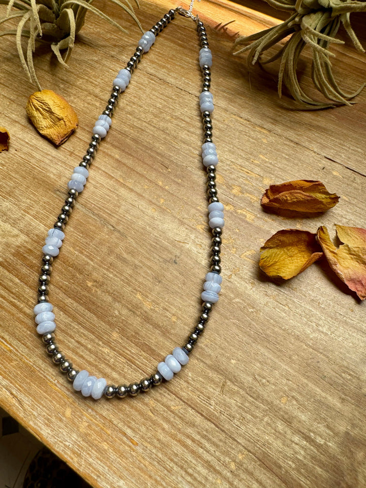 Blue Lace Agate & Sterling Silver Pearl Necklace – 20 ½” Plus Extender Necklaces Shopify Collective The Bijoux FAB Jewelry The Bijoux FAB Jewelry
