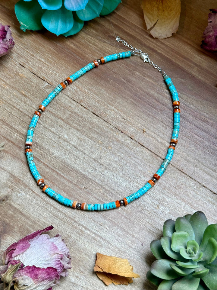Turquoise & Spiny Oyster Heishi Necklace – 14” Necklaces Shopify Collective The Bijoux FAB Jewelry The Bijoux FAB Jewelry