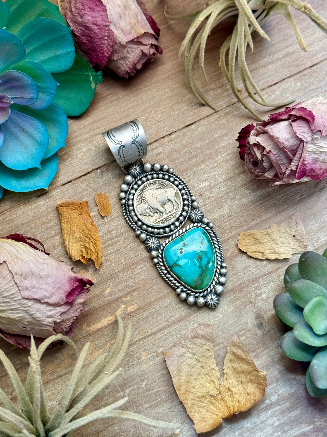 70 - Sterling Silver Pilot Mountain Turquoise & Buffalo Nickel Pendant by Shay Pfeiffer Pendant Shopify Collective The Bijoux FAB Jewelry The Bijoux FAB Jewelry