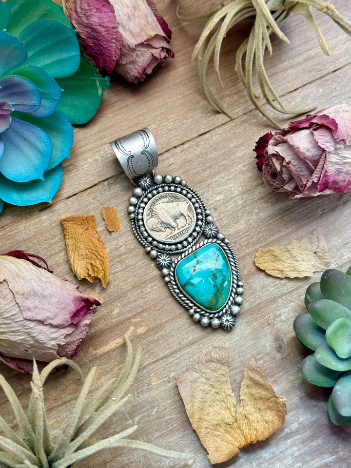 70 - Sterling Silver Pilot Mountain Turquoise & Buffalo Nickel Pendant by Shay Pfeiffer Pendant Shopify Collective The Bijoux FAB Jewelry The Bijoux FAB Jewelry