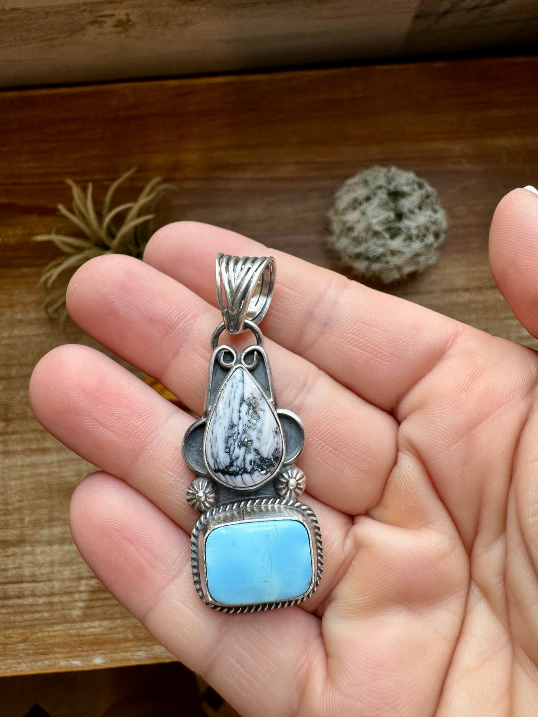 2 stone Pendant - Golden Hill turquoise, White Buffalo & Sterling Silver - option 3 Pendant Shopify Collective The Bijoux FAB Jewelry The Bijoux FAB Jewelry
