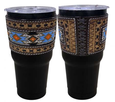 178139 30 oz Insulated Black Tumbler with Removable Argentina Cow Leather Sleeve - beaded Double C Western Supply