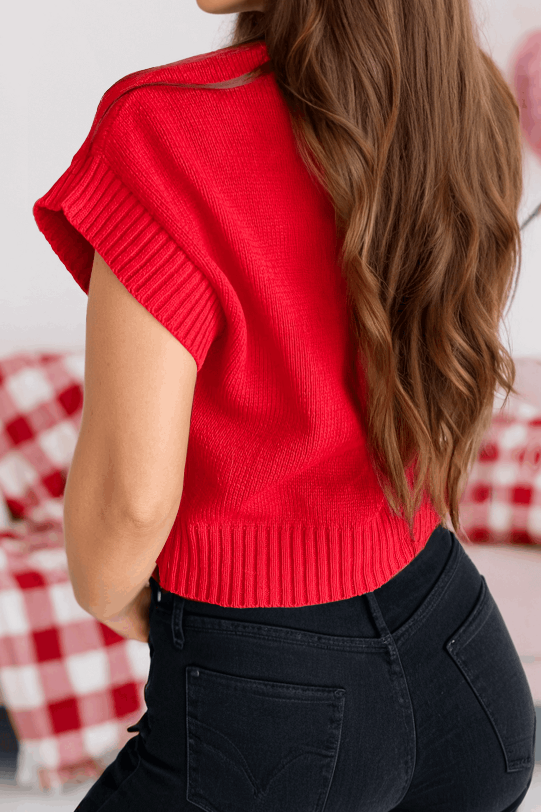 Valentines Day Heart Graphic Cropped Short Sleeve Sweater 20% off Women's fashionworks