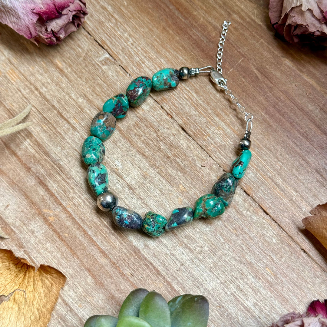 Turquoise Nugget Bracelet with Sterling Silver Pearls – 7” + Extender Bracelets Shopify Collective The Bijoux FAB Jewelry The Bijoux FAB Jewelry