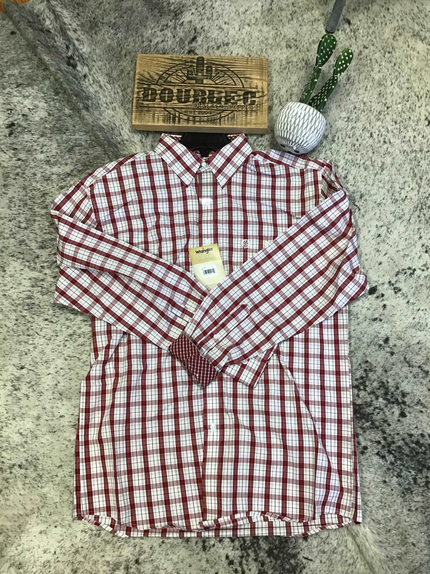 Wrangler® George Strait™ Long Sleeve Button Down One Pocket Shirt in Cerise Plaid Shirts & Tops Wrangler