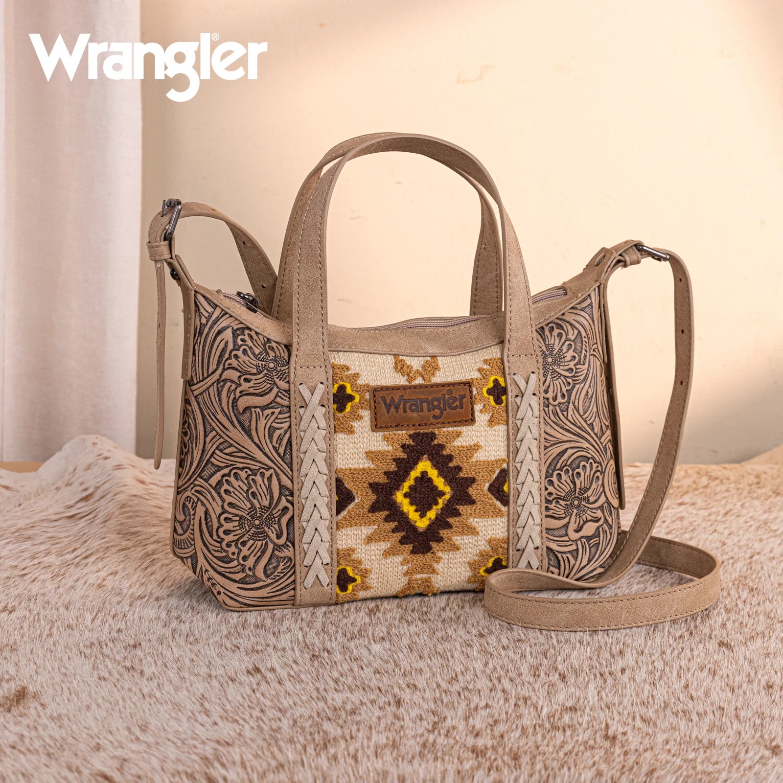 Wrangler Tooled Aztec Pattern Print Tote/Crossbody WG226-8605 Purse Tan Montana West