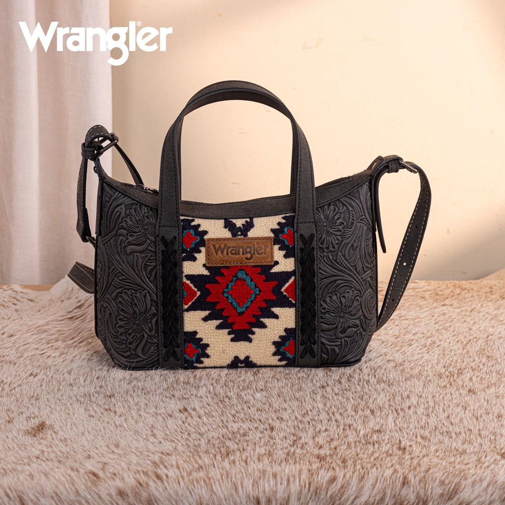 Wrangler Tooled Aztec Pattern Print Tote/Crossbody WG226-8605 Purse Black Montana West
