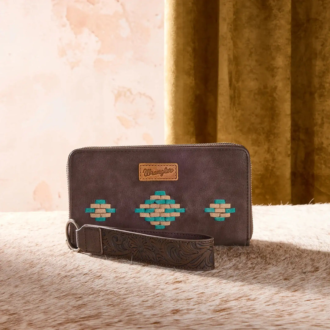 Wrangler Aztec Woven Zip Around Wallet with Wristlet WG310-W006 Wallet Coffee Accessory Wallet Women's Wrangler Montana West