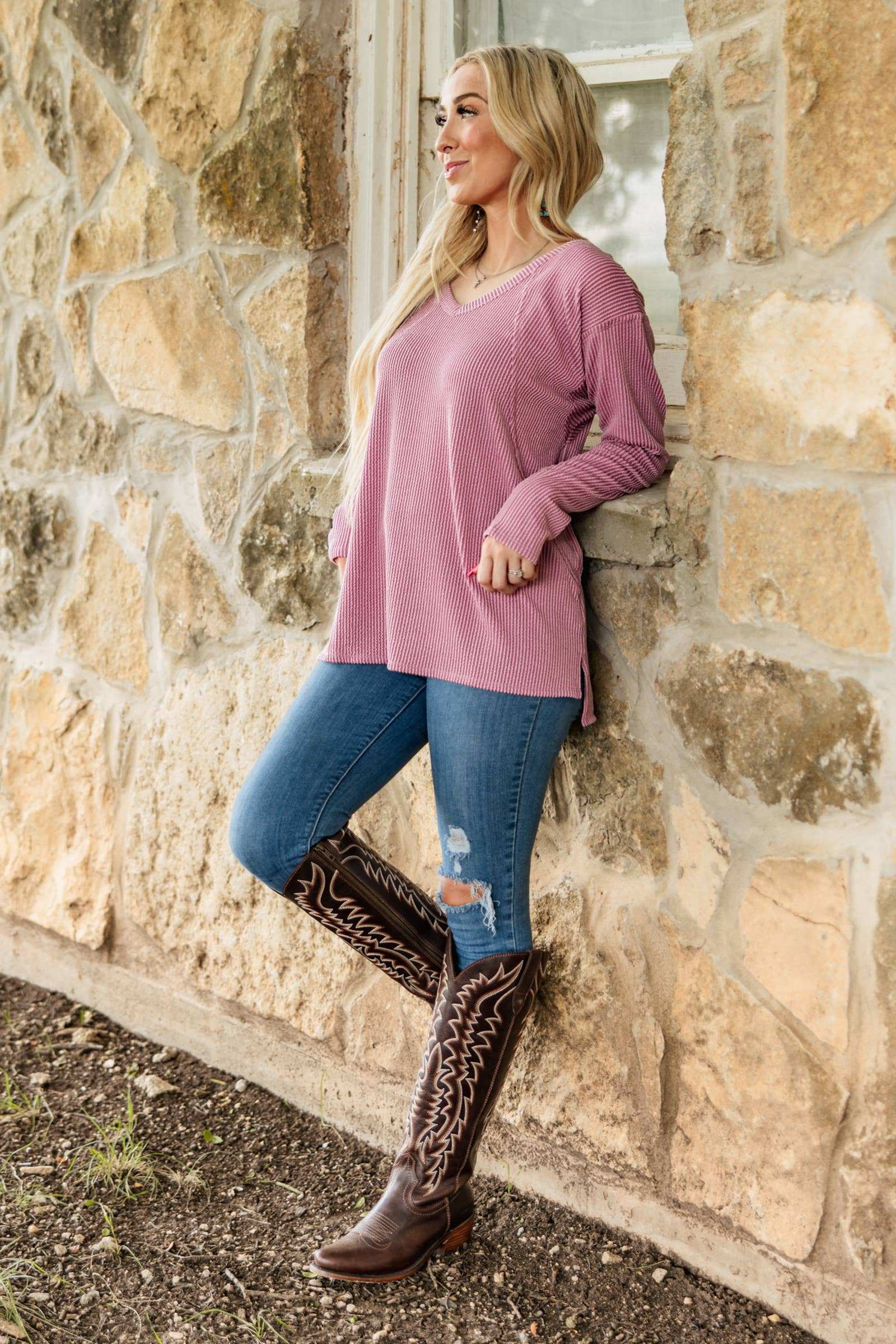 Curly Rib V Neck Long Sleeve Top Andrée by Unit