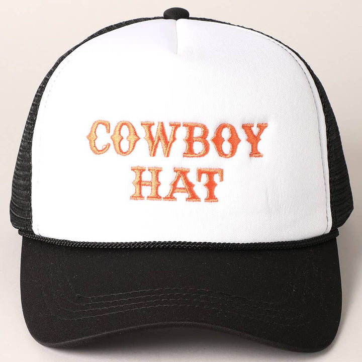Cowboy Hat Embroidered Mesh Back Trucker Cap Cap One Size BLK WHT Fashion City