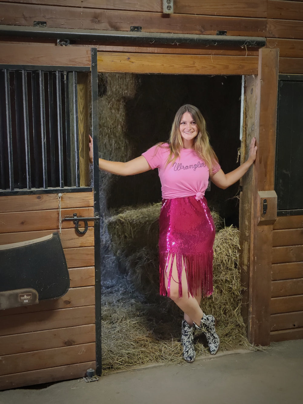 Pink Sequins Dress W Fringe Hem 60% off mom dad grads Double C Western Supply