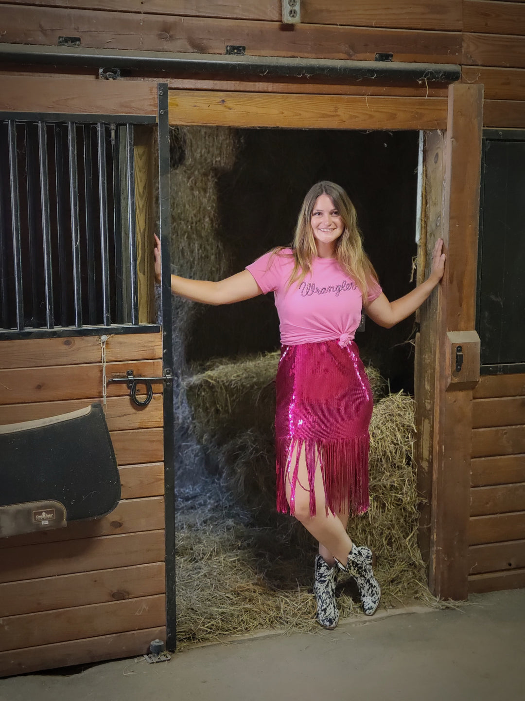 Pink Sequins Dress W Fringe Hem 60% off mom dad grads Double C Western Supply