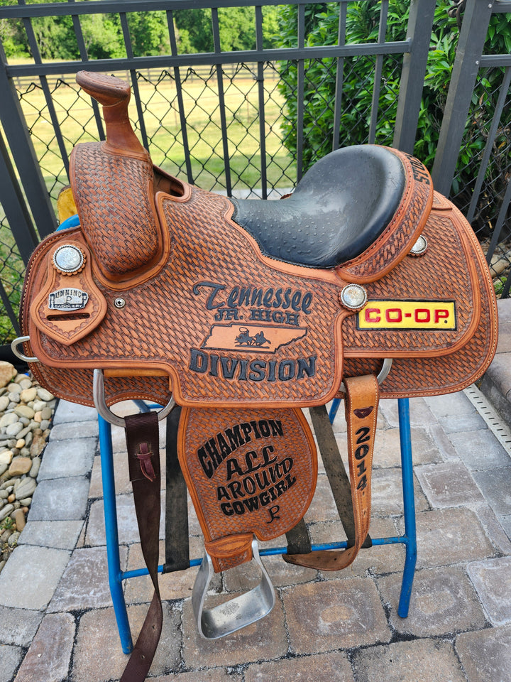 15" 2014 Running P Roping Trophy Saddle – Ostrich Seat Saddle Running P