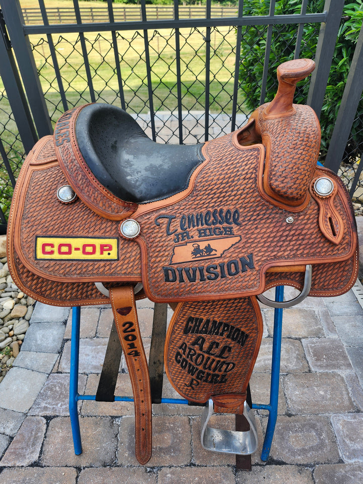 15" 2014 Running P Roping Trophy Saddle – Ostrich Seat Saddle Running P
