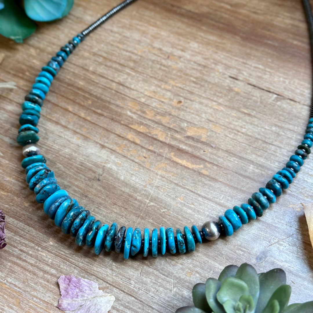 Dark Blue Turquoise Graduated Necklace with Sterling Silver Pearls & Hematite – 23” Necklaces Shopify Collective The Bijoux FAB Jewelry The Bijoux FAB Jewelry