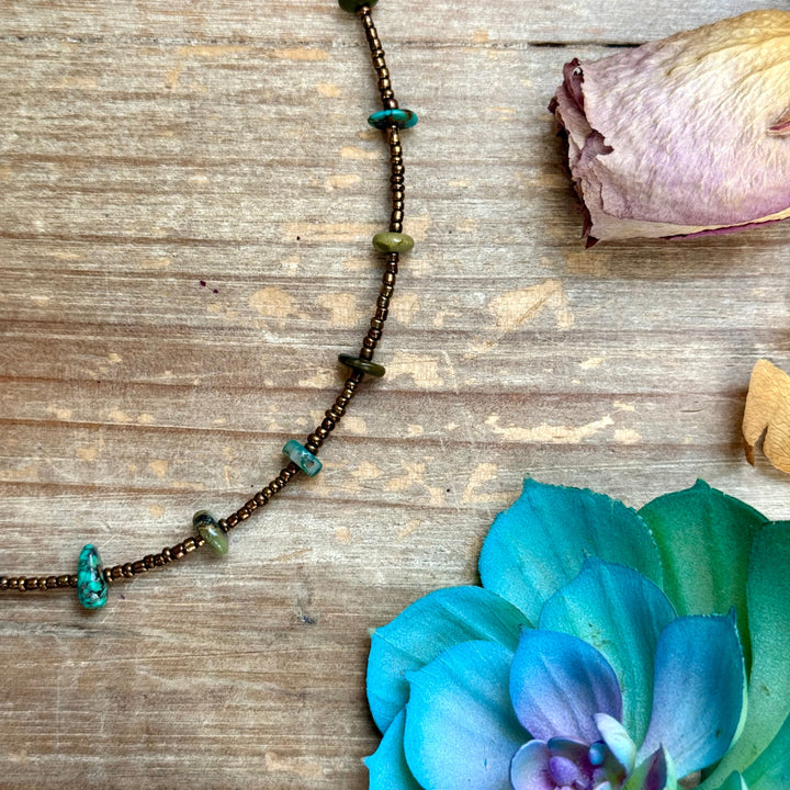 14” Bronze Seed Bead Necklace with Real Turquoise rondelle Choker Shopify Collective The Bijoux FAB Jewelry The Bijoux FAB Jewelry