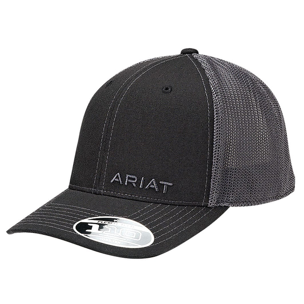 ARIAT MEN'S TEXT OFFSET BLACK MESH BALL CAP