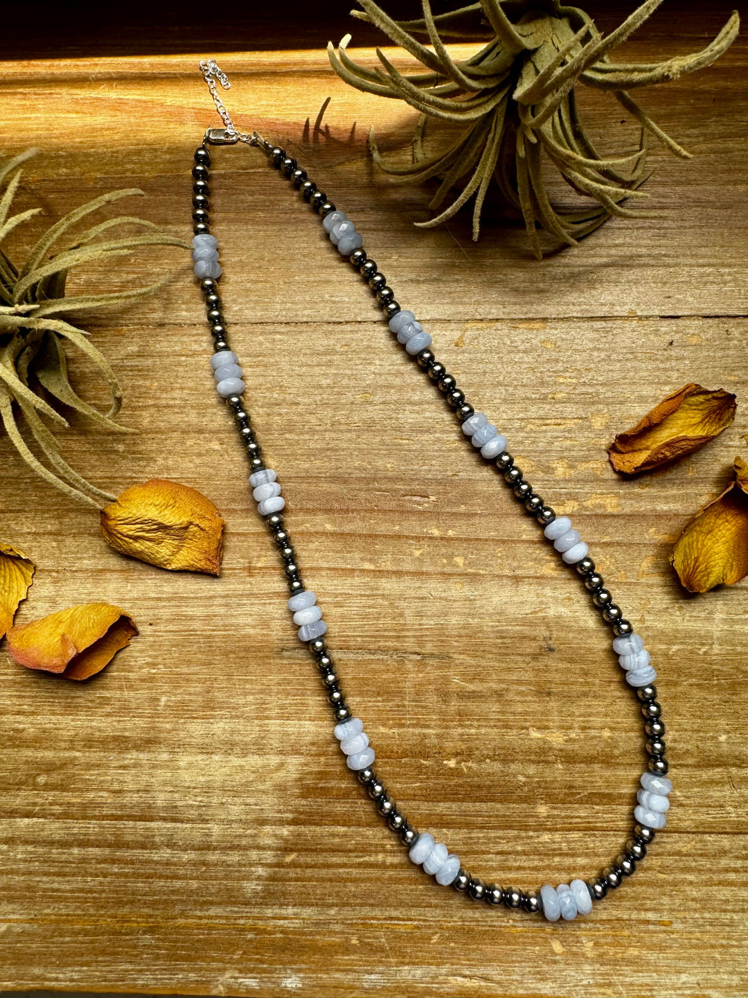 Blue Lace Agate & Sterling Silver Pearl Necklace – 20 ½” Plus Extender Necklaces Shopify Collective The Bijoux FAB Jewelry The Bijoux FAB Jewelry
