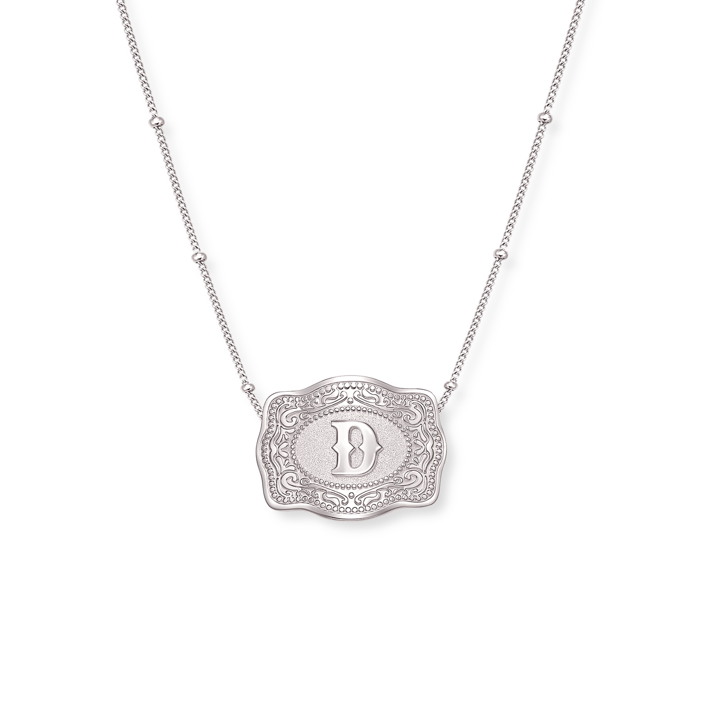 SpurWest Mini Belt Buckle Necklace (Initial) - Silver Silver Beaded Chain (16" + 2" extender) D SpurWest