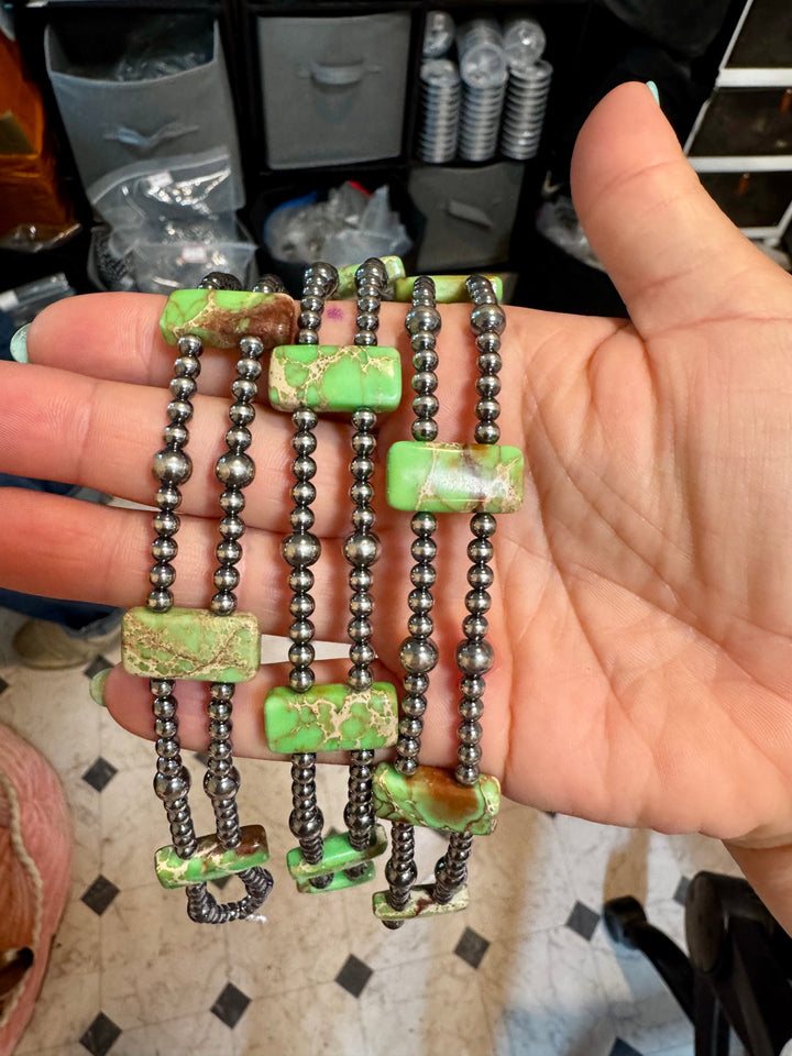 Green Double Strand Necklace – 13” Beaded – Sterling Silver Pearls & Rectangle Variscite Choker Shopify Collective The Bijoux FAB Jewelry The Bijoux FAB Jewelry