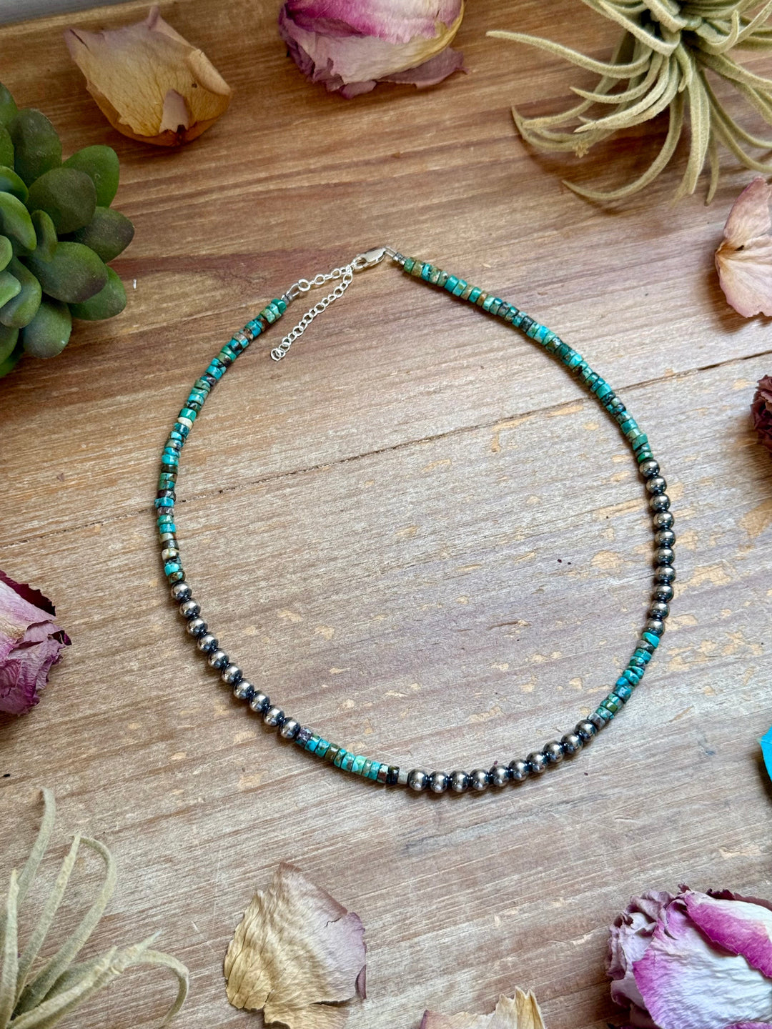 15” Heishi Turquoise Necklace – 4mm Turquoise & 5mm Sterling Silver Pearls Necklaces Shopify Collective The Bijoux FAB Jewelry The Bijoux FAB Jewelry