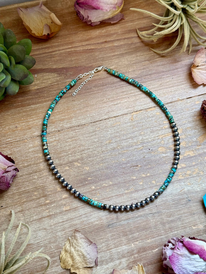 15” Heishi Turquoise Necklace – 4mm Turquoise & 5mm Sterling Silver Pearls Necklaces Shopify Collective The Bijoux FAB Jewelry The Bijoux FAB Jewelry