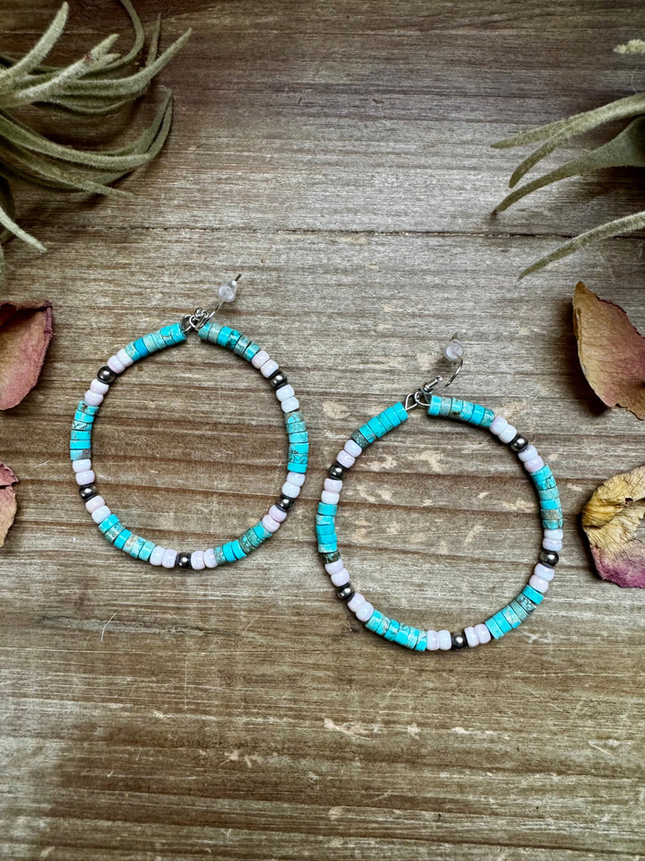 Turquoise Variscite & Pink Conch Hoop Earrings – Exclusive Bijoux FAB Design Earrings Shopify Collective The Bijoux FAB Jewelry The Bijoux FAB Jewelry
