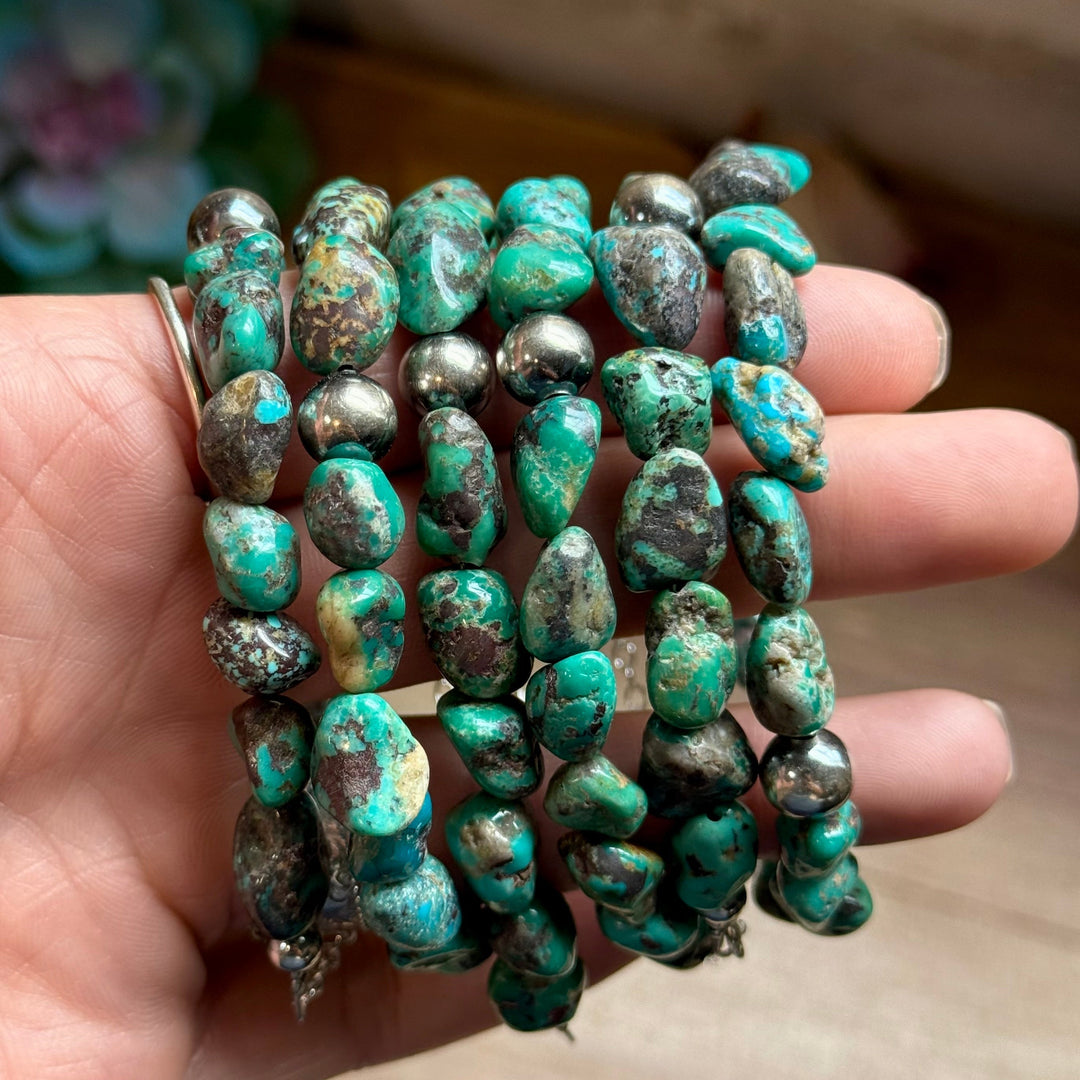 Turquoise Nugget Bracelet with Sterling Silver Pearls – 7” + Extender Bracelets Shopify Collective The Bijoux FAB Jewelry The Bijoux FAB Jewelry