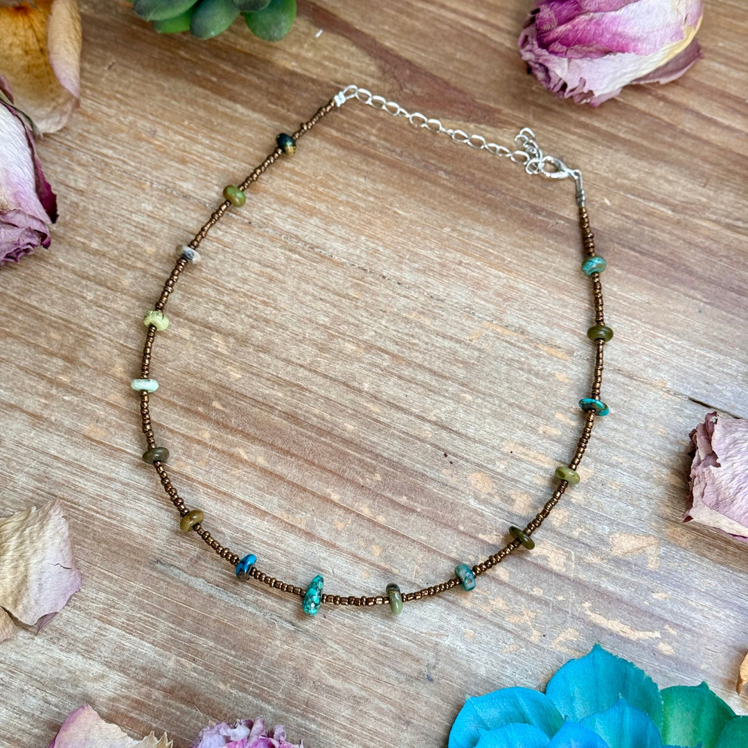 14” Bronze Seed Bead Necklace with Real Turquoise rondelle Choker Shopify Collective The Bijoux FAB Jewelry The Bijoux FAB Jewelry