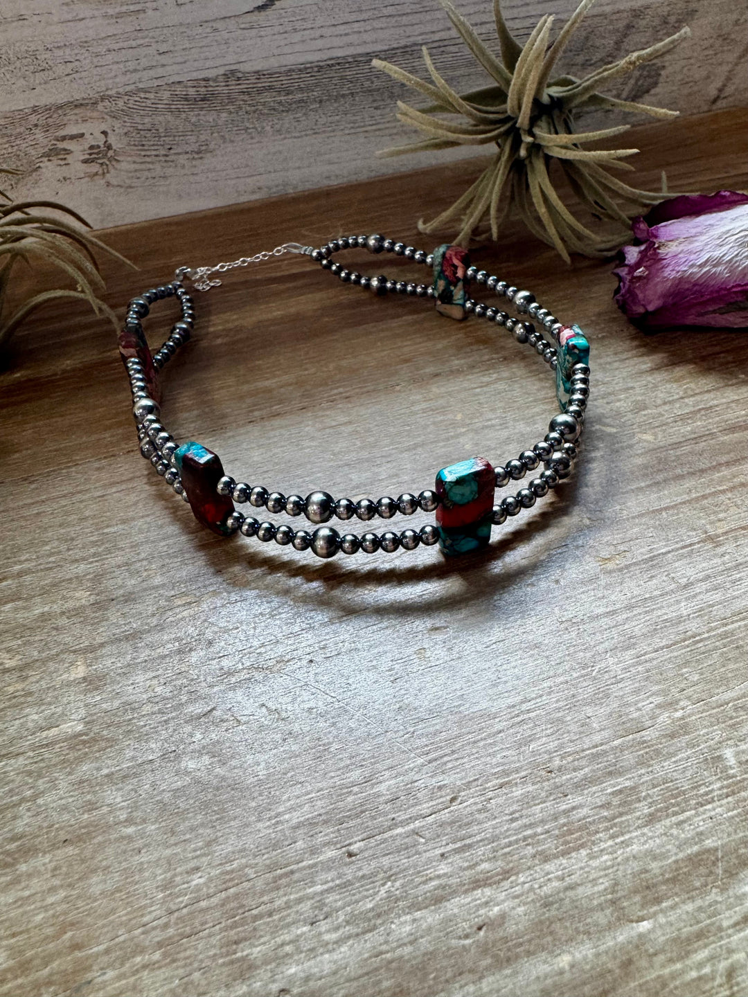 Pink/turquoise Double Strand Necklace – 13” Beaded – Sterling Silver Pearls & Rectangle Variscite Choker Shopify Collective The Bijoux FAB Jewelry The Bijoux FAB Jewelry