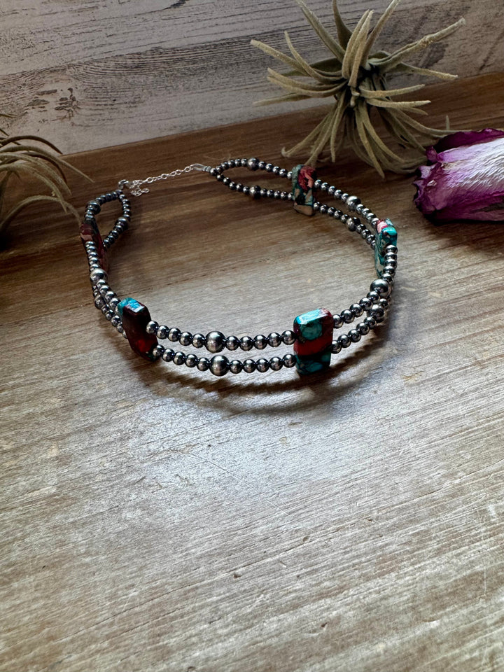 Pink/turquoise Double Strand Necklace – 13” Beaded – Sterling Silver Pearls & Rectangle Variscite Choker Shopify Collective The Bijoux FAB Jewelry The Bijoux FAB Jewelry