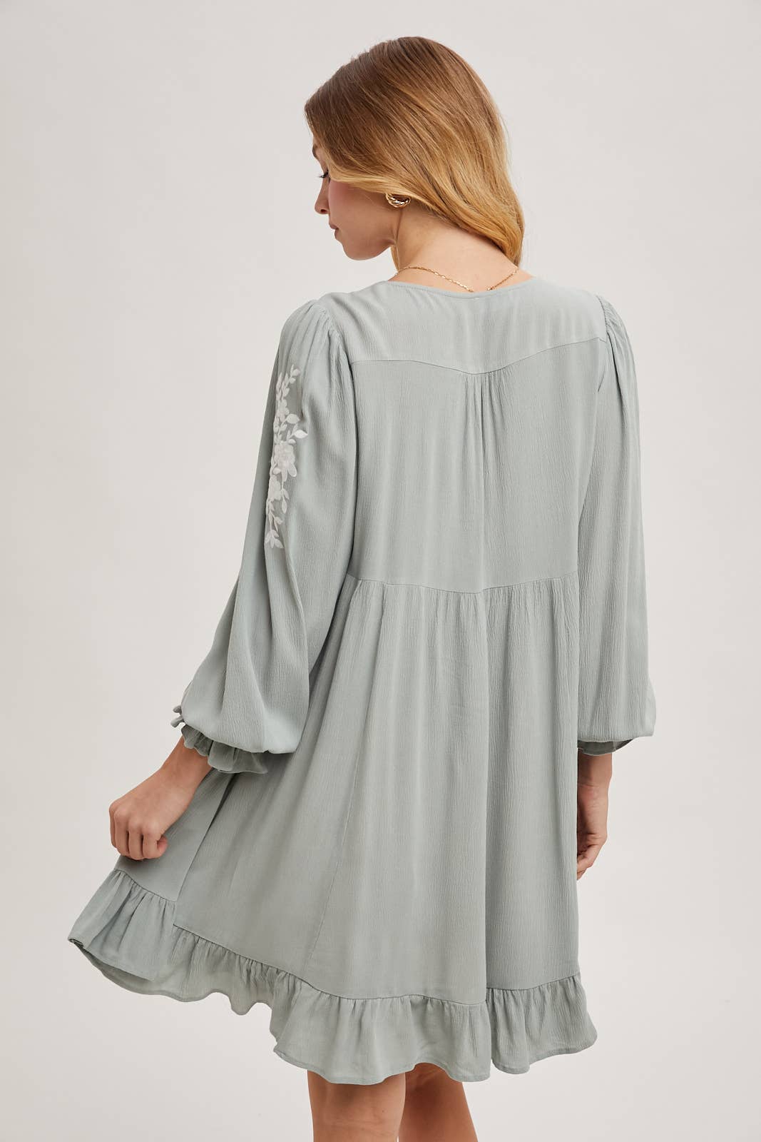 EMBROIDERED V-NECK RUFFLED DRESS dress Bluivy