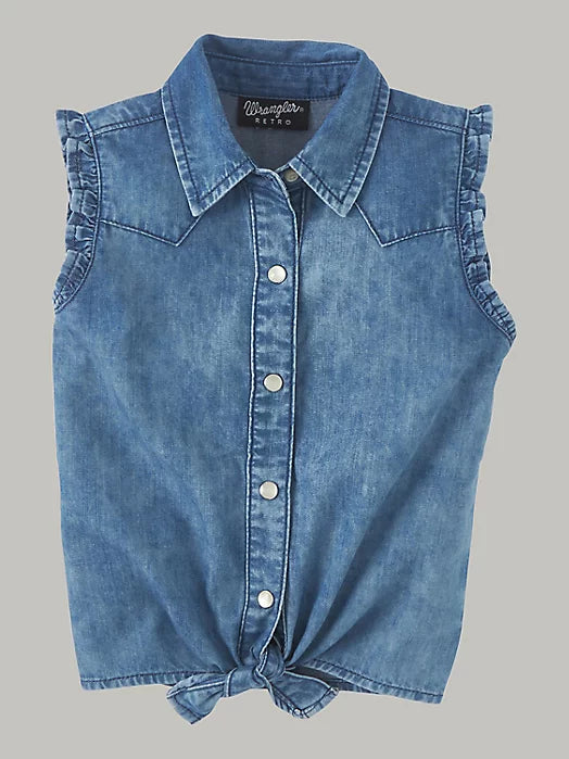 GIRL'S SLEEVELESS DENIM TIE FRONT SHIRT IN SEA BLUE Wrangler