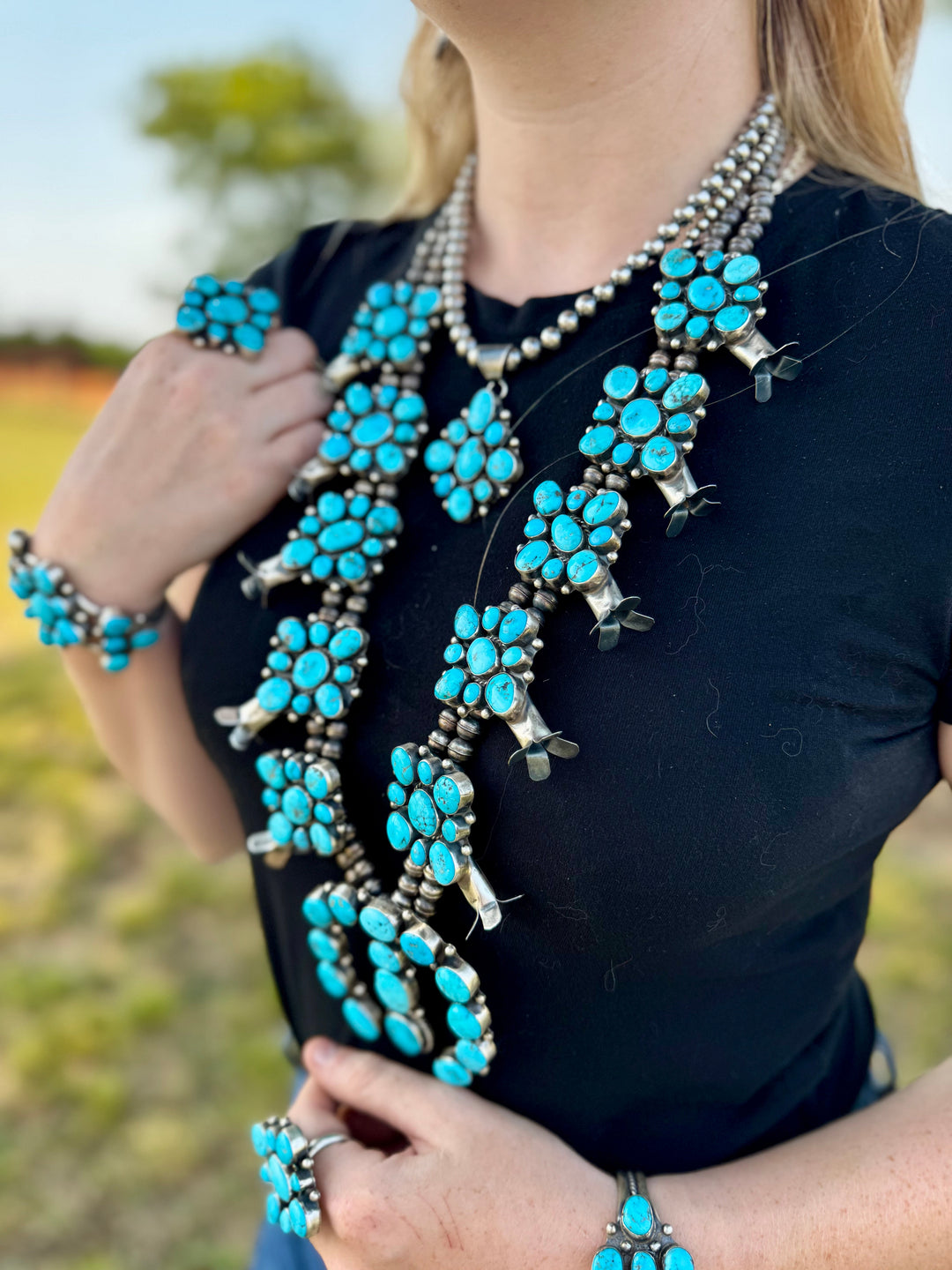 Complete Squash Blossom Set – Kingman Turquoise – Sterling Silver – Navajo Made by Wilson Dawes jewelry set Shopify Collective The Bijoux FAB Jewelry The Bijoux FAB Jewelry