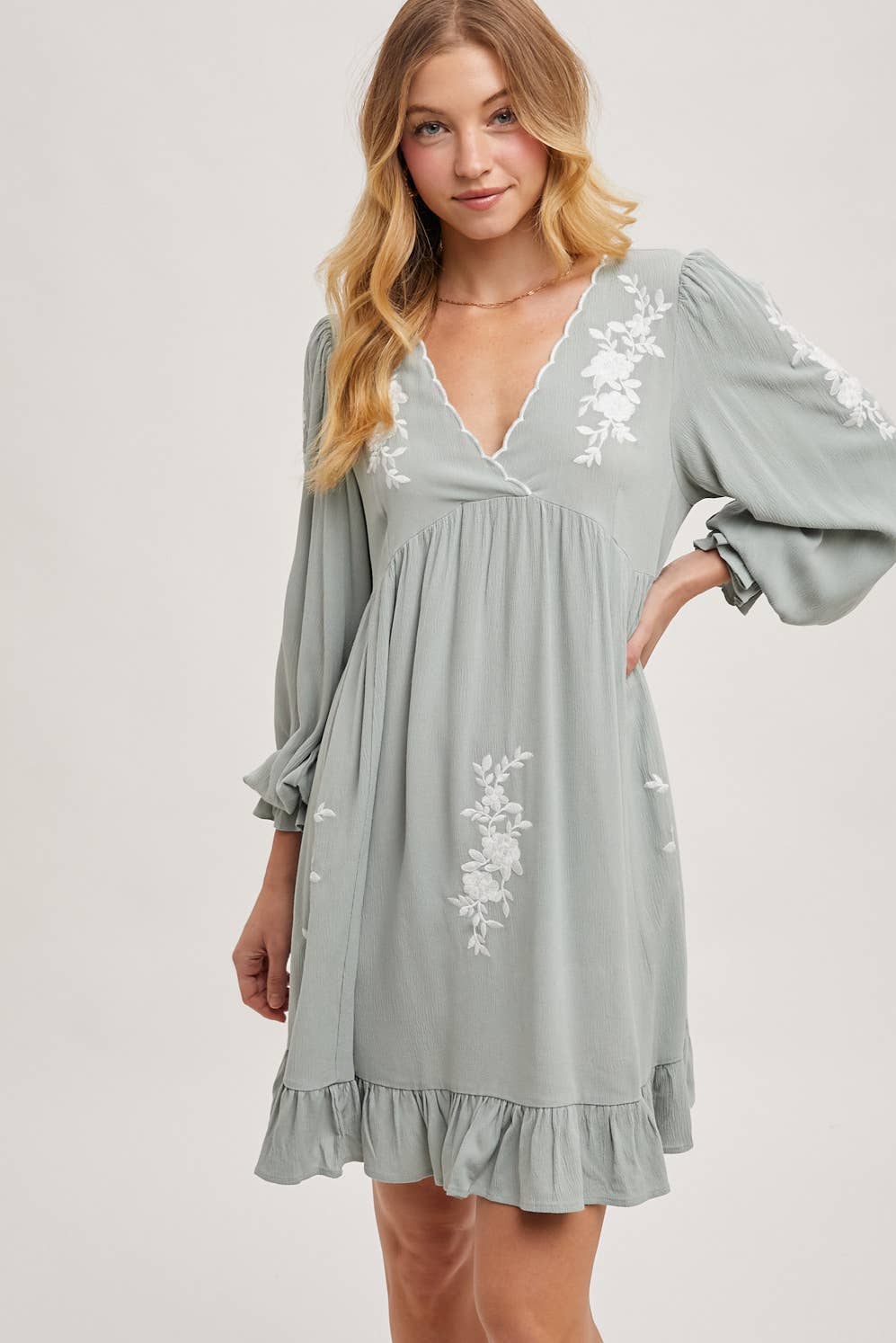 EMBROIDERED V-NECK RUFFLED DRESS dress Bluivy