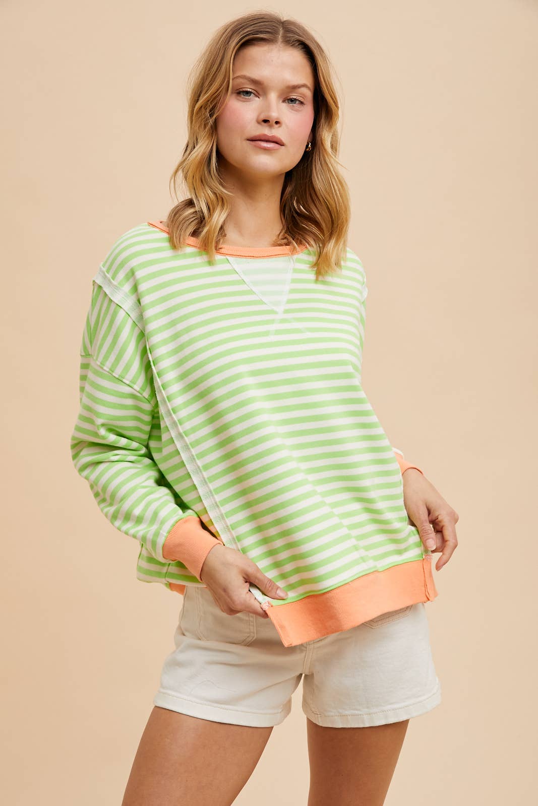 GARMENT WASHED STRIPED TERRY PULLOVER Shirt LIME CREAM S 60% off Women's In Loom