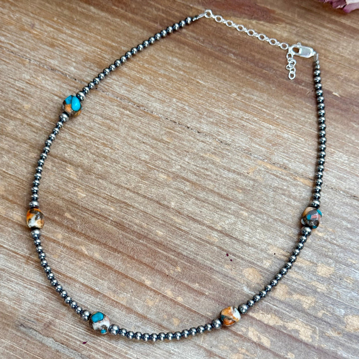 Kids necklace - 13” Turquoise & Spiny Oyster Necklace – 3–4mm Sterling Silver Pearls Choker Shopify Collective The Bijoux FAB Jewelry The Bijoux FAB Jewelry