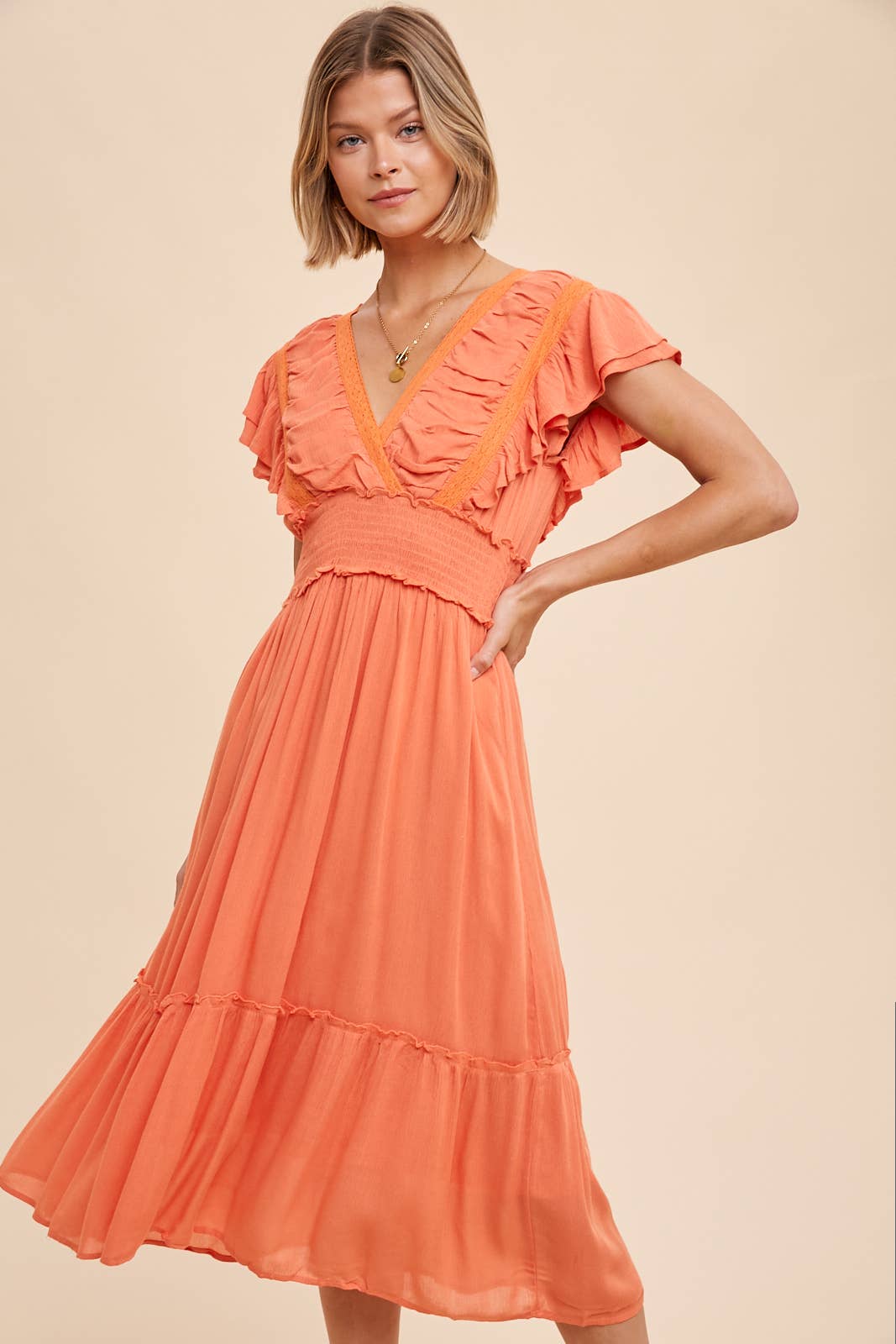 SURPLICE MIDI DRESS WITH RUFFLE SLEEVES dress DUSTY CORAL S Women's In Loom