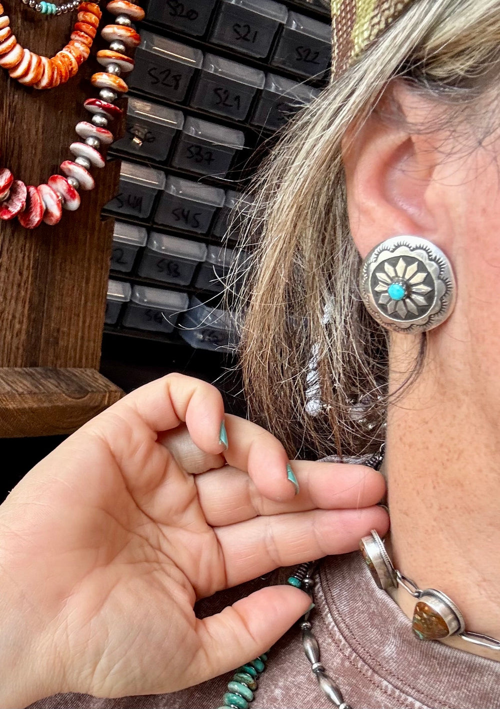 Concho Earrings – Kingman Turquoise & Sterling Silver Earrings Shopify Collective The Bijoux FAB Jewelry The Bijoux FAB Jewelry