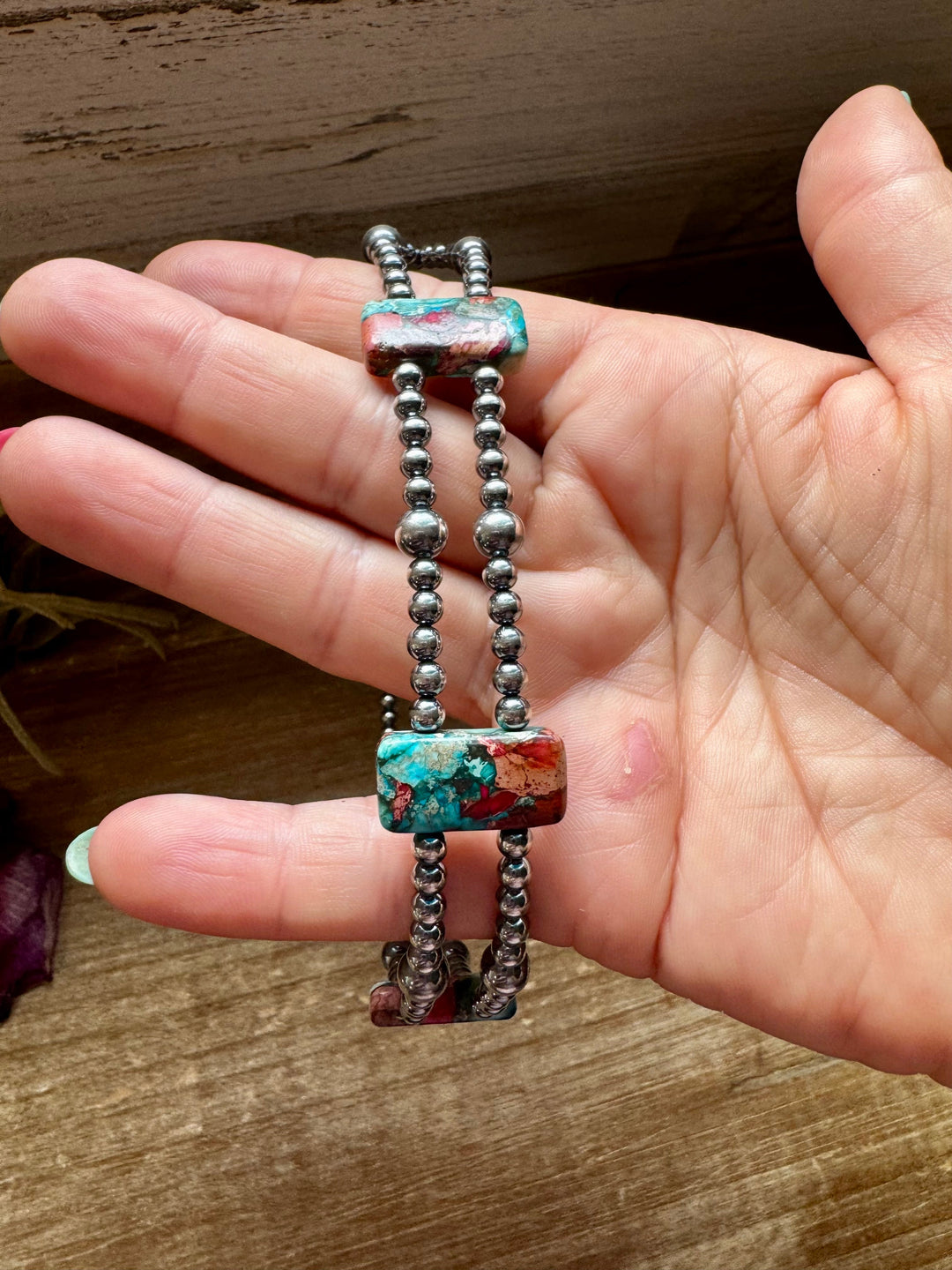 Pink/turquoise Double Strand Necklace – 13” Beaded – Sterling Silver Pearls & Rectangle Variscite Choker Shopify Collective The Bijoux FAB Jewelry The Bijoux FAB Jewelry