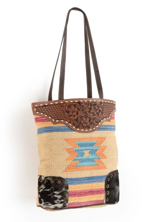 Klassy Cowgirl 15" x 15" Canvas Tote Handbag with Leather tooling VA4012