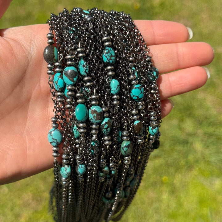 Dark Turquoise Center & Sterling Saucer Pearl Necklace 16” Choker Shopify Collective The Bijoux FAB Jewelry The Bijoux FAB Jewelry