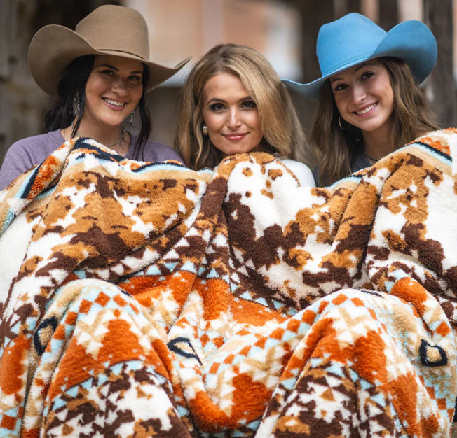 HOOEY FLEECE BLANKET" TAN/CREAM /ORANGE COW PRINT-RED/WHITE/TURQUOISE SERAPE PATTERN Blanket Hooey