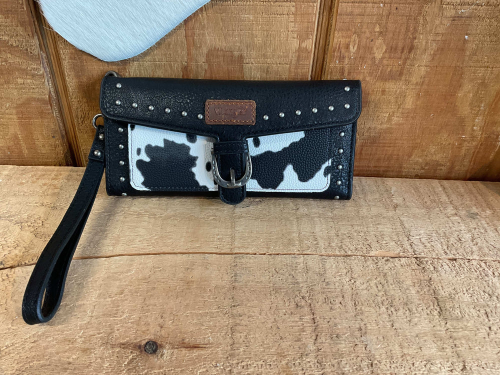 Wrangler Western Cow-Print Tri-fold RFID Wallet/Wristlet With Detachable Credit Card Holder WG195-W054BK/BR wallet Black Montana West